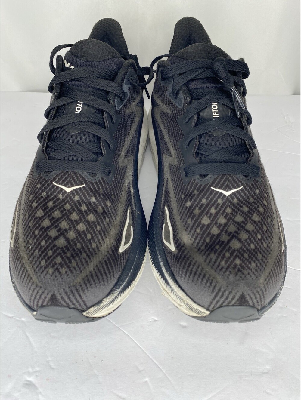 HOKA Clifton 9 Shoes Mens Size 12D Black White Running Road Max Cushion
